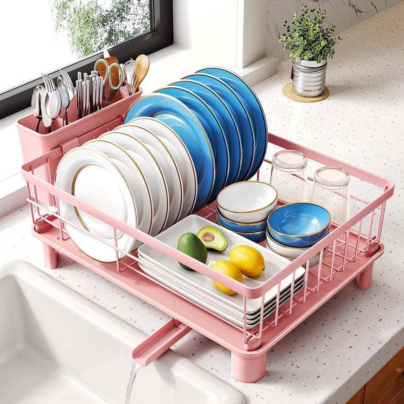 SNTD Dish Drying Rack - Small Dish Rack for Kitchen Counter, Stainless Steel Dish Drainer with Utensil Holder and Drainboard, 11" W x 15" L (Pink) - Image 1